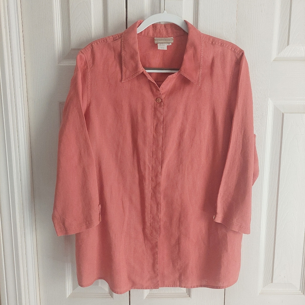 Coldwater Creek XL Linen 3/4 sleeve orange button front blouse